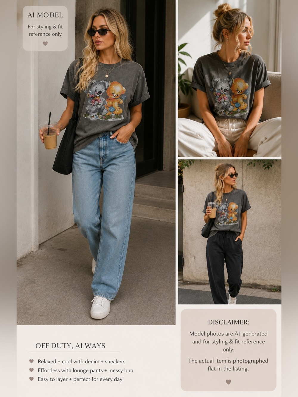 NWOT ZARA Gray Vintage Style Koala Teddy Bear Graphic Oversized T-Shirt M
